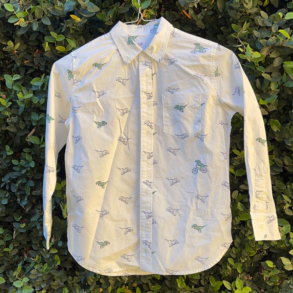 GAP Boy's White Cotton Button Down with Green and Blue Dinosaur Print